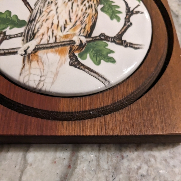 Vintage SQ. Wood Framed Round Ceramic Owl Tile Wall Decor Cabin Brown & White - Picture 3 of 7
